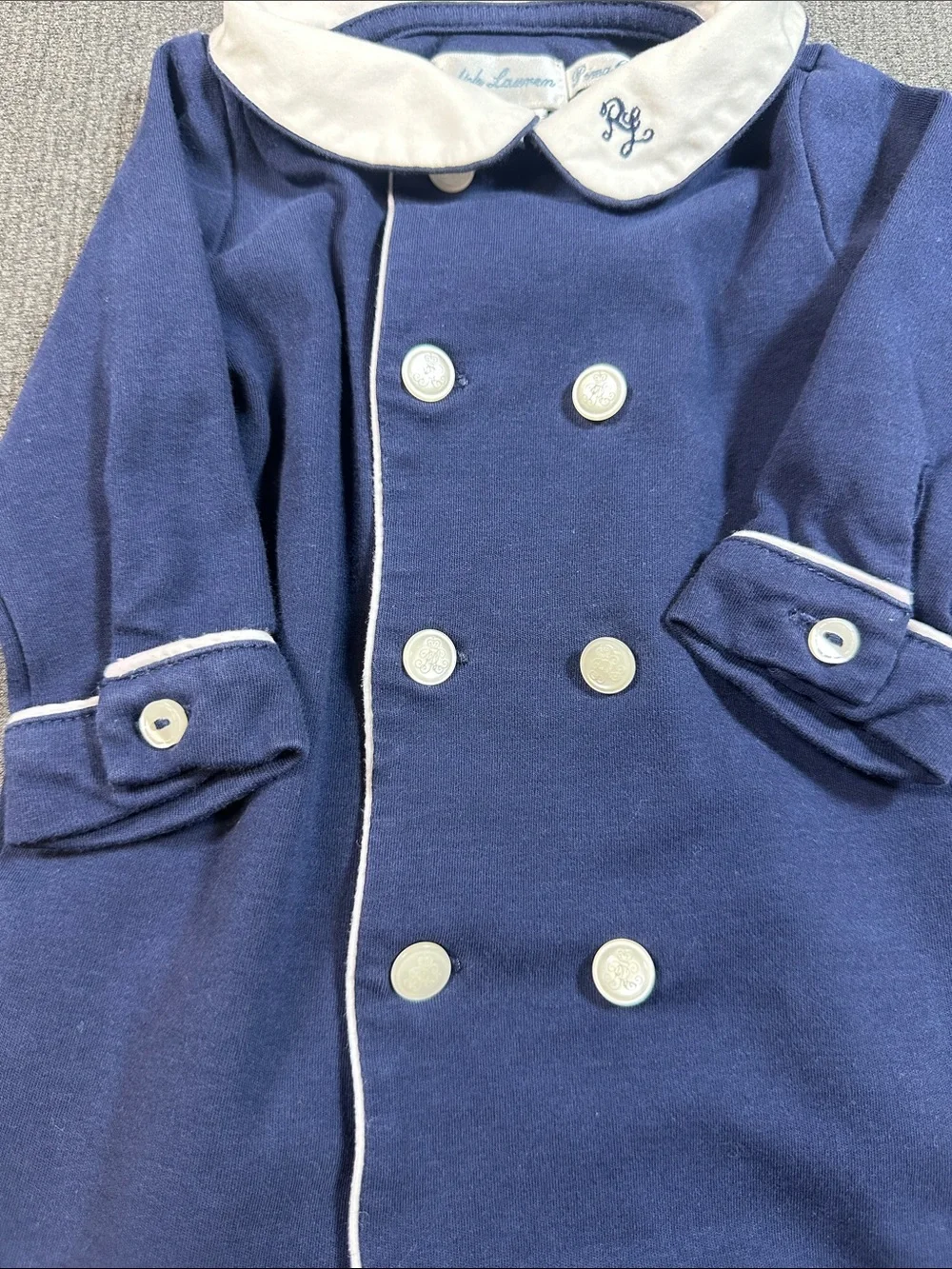 Ralph Lauren Navy Blue Double Breasted Embroidered Coverall Romper Baby Boy 3M